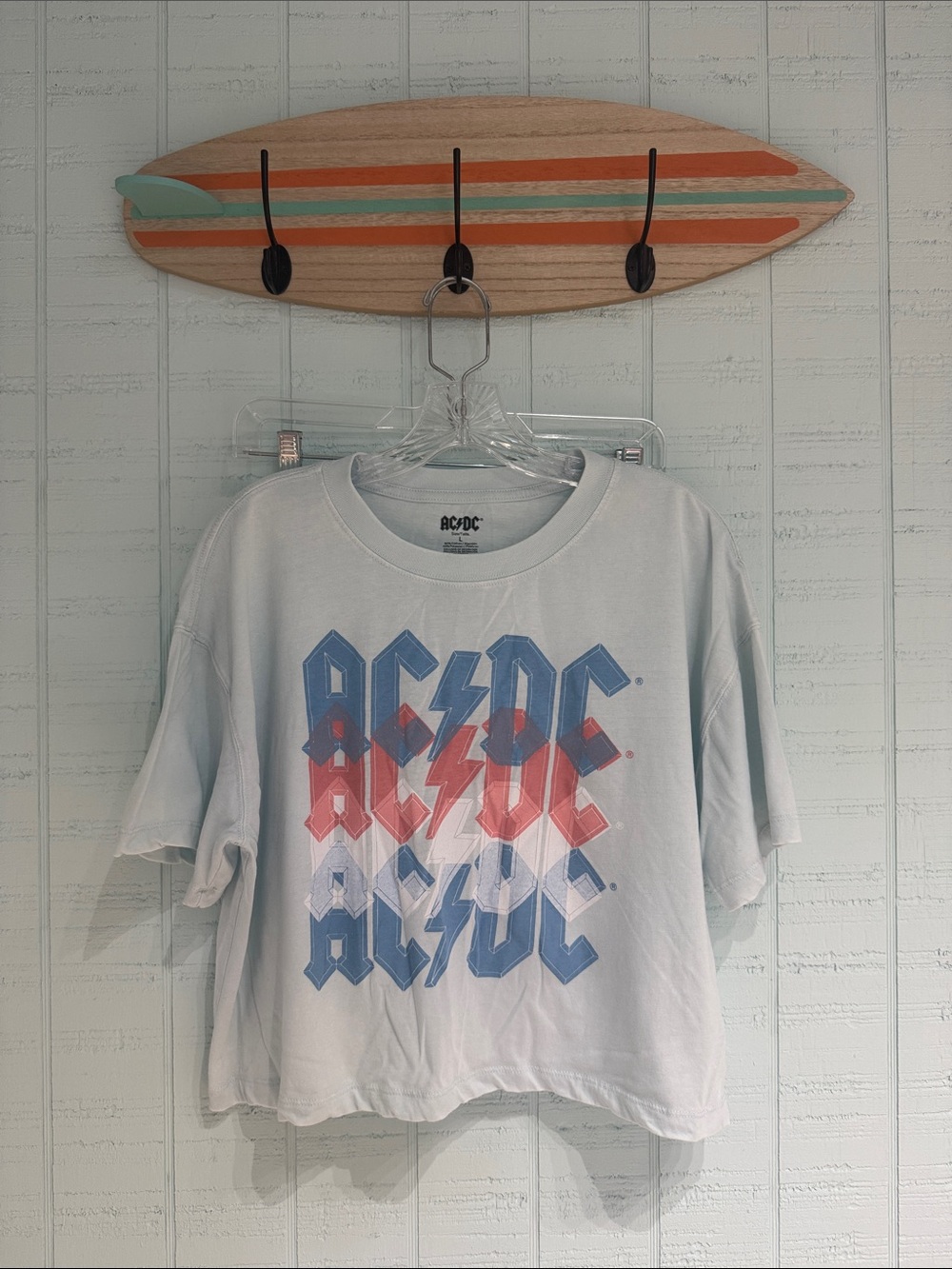 AC/DC Light Blue Boxy Tee with Blue and Red Logo